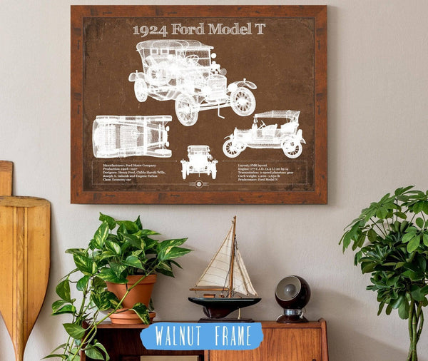 20" x 16" / Walnut Frame Cutler West 1924 Ford Model T Vintage Blueprint Auto Print
