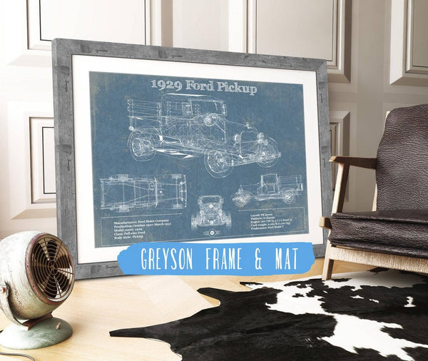 14" x 11" / Greyson Frame & Mat Cutler West 1929 Ford Model A Pickup Vintage Blueprint Auto Print
