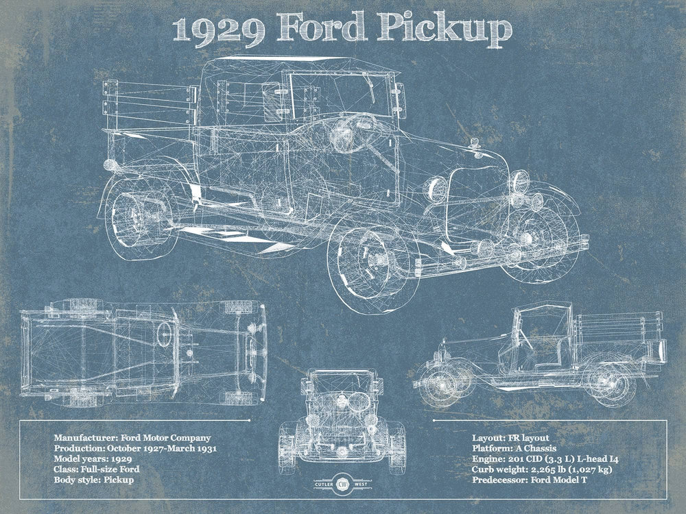 14" x 11" / Stretched Canvas Wrap Cutler West 1929 Ford Model A Pickup Vintage Blueprint Auto Print