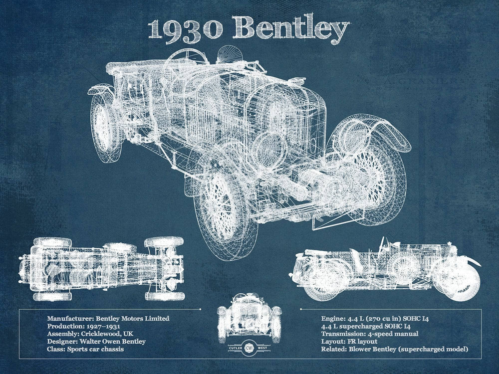 14" x 11" / Stretched Canvas Wrap Cutler West 1930 Bentley Vintage Blueprint Auto Print