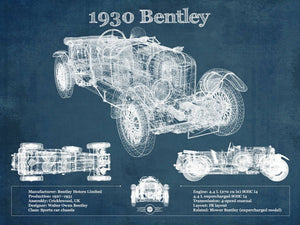 14" x 11" / Unframed Cutler West 1930 Bentley Vintage Blueprint Auto Print