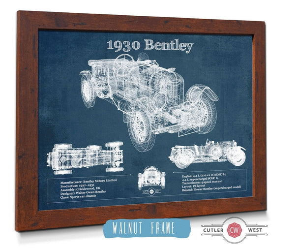 20" x 16" / Walnut Frame Cutler West 1930 Bentley Vintage Blueprint Auto Print