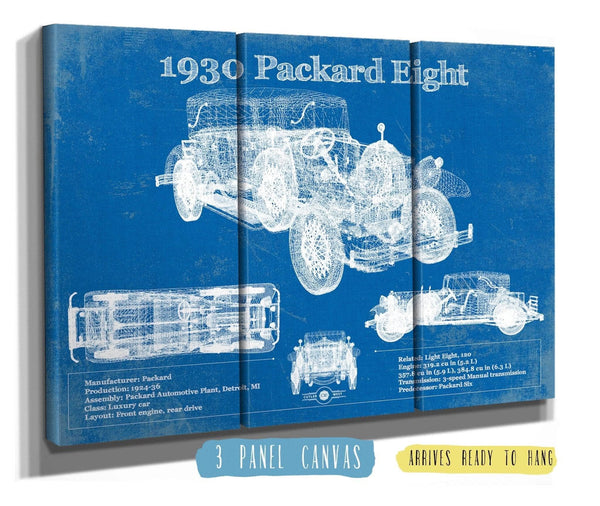 36" x 24" / 3 Panel Canvas Wrap Cutler West 1930 Packard Eight Vintage Blueprint Auto Print
