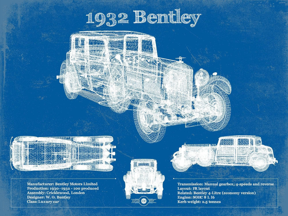 14" x 11" / Stretched Canvas Wrap Cutler West 1932 Bentley Vintage Blueprint Auto Print