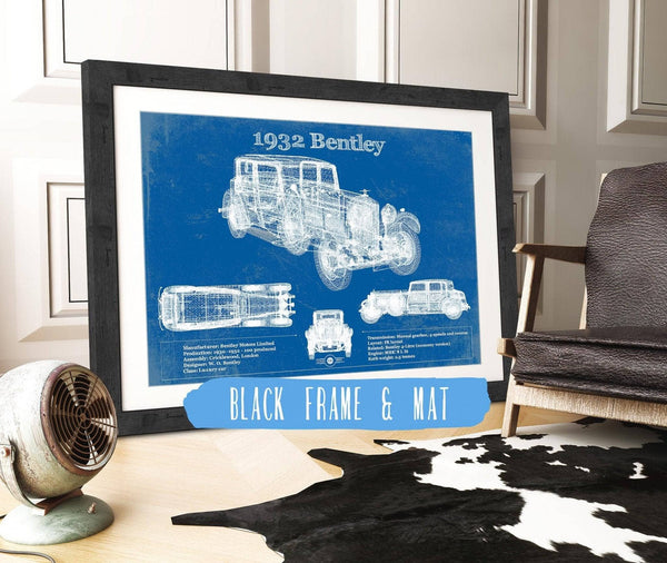 20" x 16" / Black Frame & Mat Cutler West 1932 Bentley Vintage Blueprint Auto Print