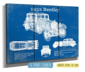 36" x 24" / 3 Panel Canvas Wrap Cutler West 1932 Bentley Vintage Blueprint Auto Print