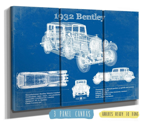 36" x 24" / 3 Panel Canvas Wrap Cutler West 1932 Bentley Vintage Blueprint Auto Print