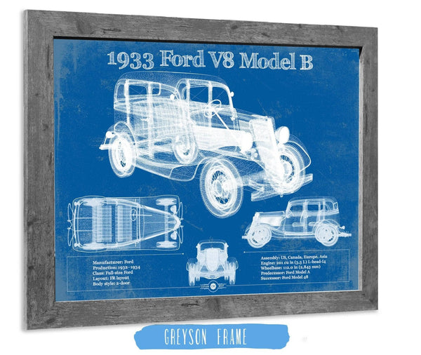 14" x 11" / Greyson Frame Cutler West 1933 Ford V8 Model B Vintage Blueprint Auto Print