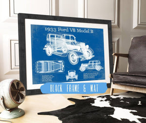 20" x 16" / Black Frame & Mat Cutler West 1933 Ford V8 Model B Vintage Blueprint Auto Print
