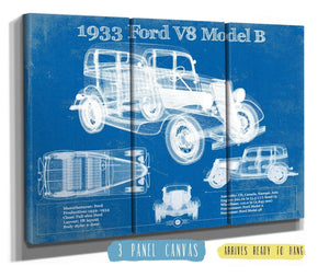 36" x 24" / 3 Panel Canvas Wrap Cutler West 1933 Ford V8 Model B Vintage Blueprint Auto Print