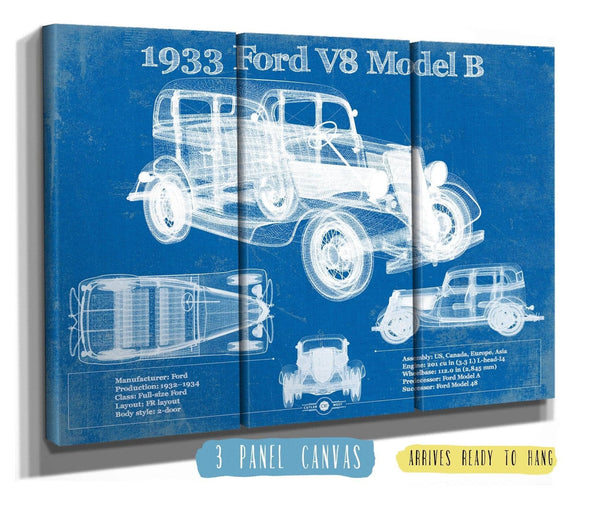36" x 24" / 3 Panel Canvas Wrap Cutler West 1933 Ford V8 Model B Vintage Blueprint Auto Print