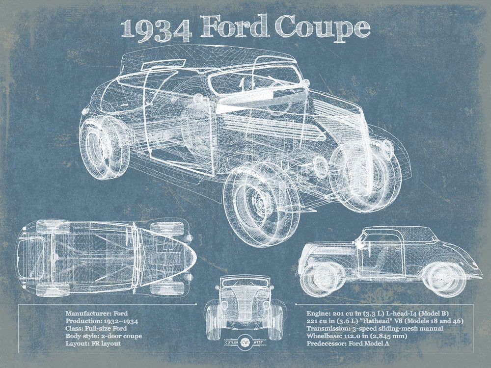 14" x 11" / Stretched Canvas Wrap Cutler West 1934 Ford Coupe Vintage Blueprint Auto Print
