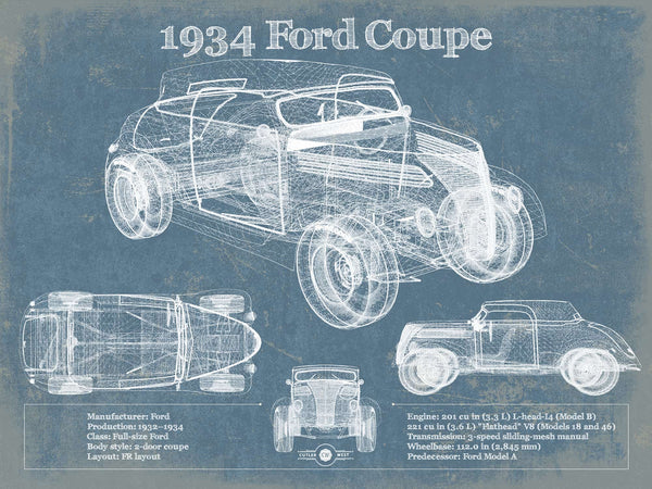 14" x 11" / Unframed Cutler West 1934 Ford Coupe Vintage Blueprint Auto Print