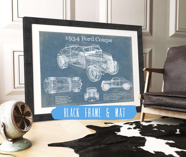 20" x 16" / Black Frame & Mat Cutler West 1934 Ford Coupe Vintage Blueprint Auto Print