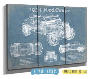 36" x 24" / 3 Panel Canvas Wrap Cutler West 1934 Ford Coupe Vintage Blueprint Auto Print