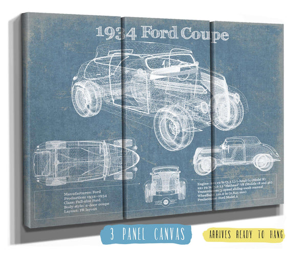 36" x 24" / 3 Panel Canvas Wrap Cutler West 1934 Ford Coupe Vintage Blueprint Auto Print