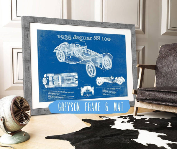 14" x 11" / Greyson Frame & Mat Cutler West 1935 Jaguar SS 100 Blueprint Vintage Auto Print