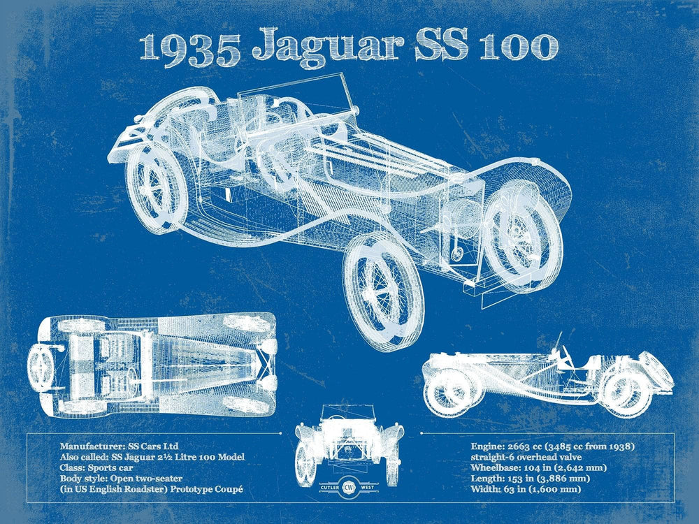 14" x 11" / Stretched Canvas Wrap Cutler West 1935 Jaguar SS 100 Blueprint Vintage Auto Print