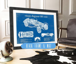 20" x 16" / Black Frame & Mat Cutler West 1935 Jaguar SS 100 Blueprint Vintage Auto Print