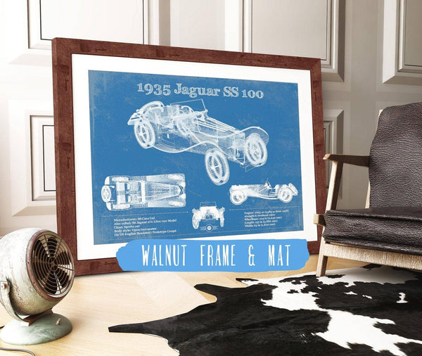 20" x 16" / Walnut Frame & Mat Cutler West 1935 Jaguar SS 100 Blueprint Vintage Auto Print