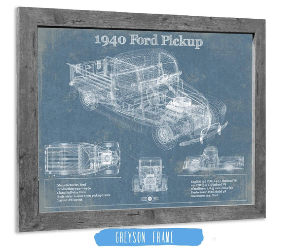 14" x 11" / Greyson Frame Cutler West 1940 Ford Pickup Vintage Blueprint Auto Print