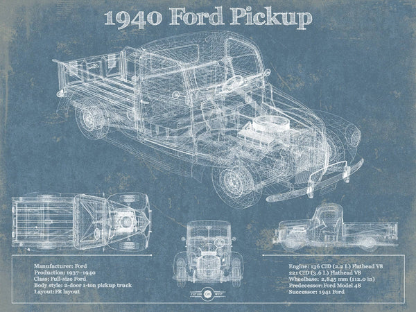 14" x 11" / Unframed Cutler West 1940 Ford Pickup Vintage Blueprint Auto Print