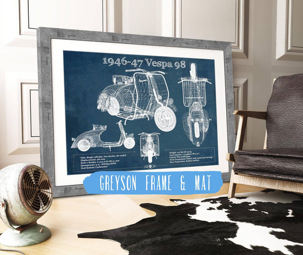 14" x 11" / Greyson Frame & Mat Cutler West 1946-47 Vespa 98 Vintage Blueprint Auto Print