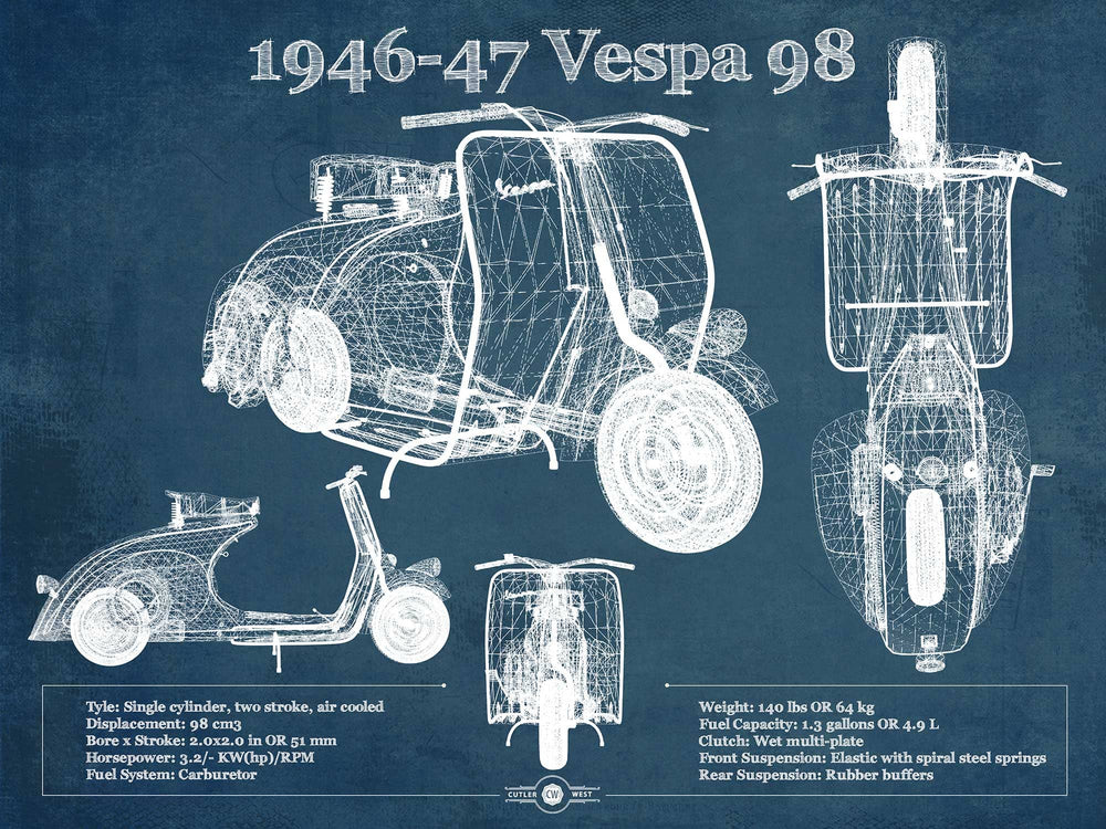 14" x 11" / Stretched Canvas Wrap Cutler West 1946-47 Vespa 98 Vintage Blueprint Auto Print