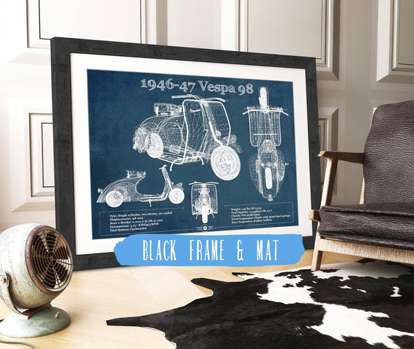 20" x 16" / Black Frame & Mat Cutler West 1946-47 Vespa 98 Vintage Blueprint Auto Print