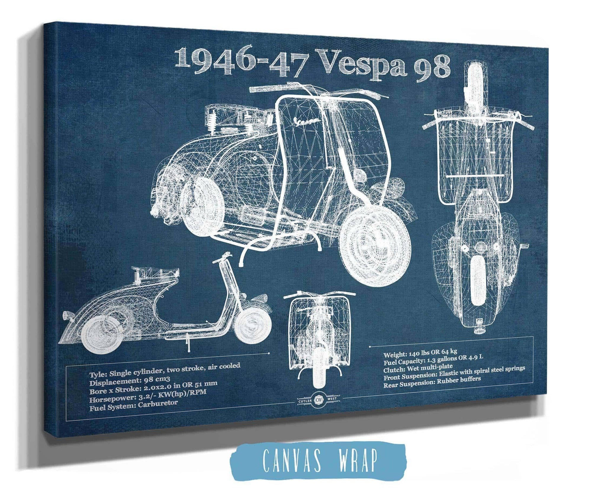Cutler West Vehicle Collection 1946-47 Vespa 98 Vintage Blueprint Auto Print