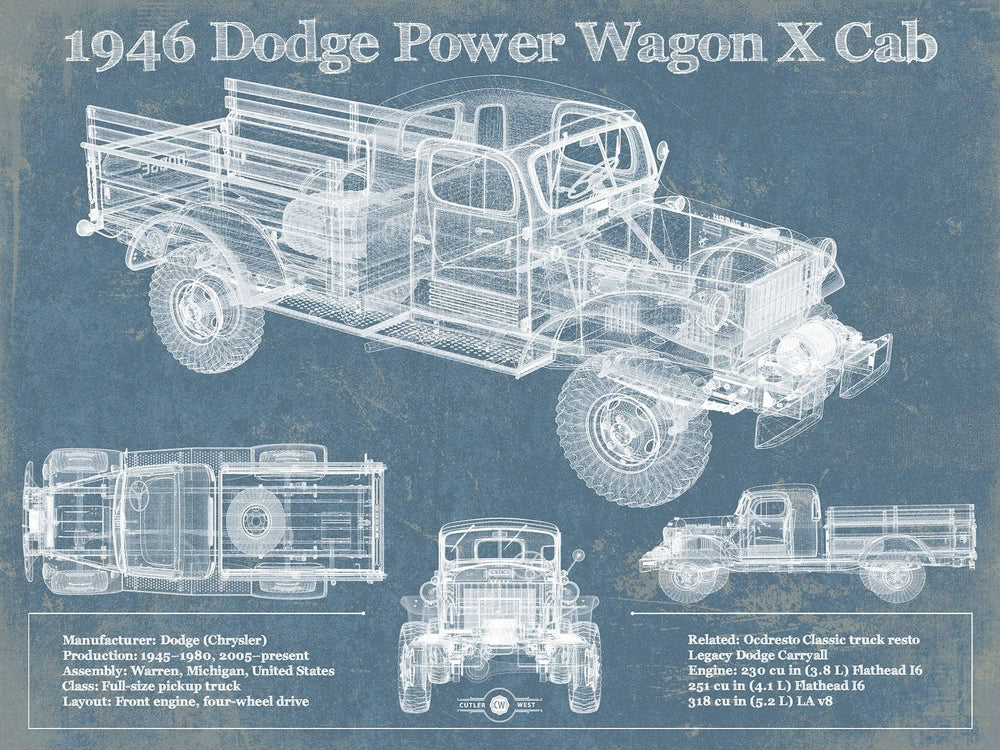 14" x 11" / Stretched Canvas Wrap Cutler West 1946 Dodge Power Wagon X Cab Vintage Blueprint Auto Print