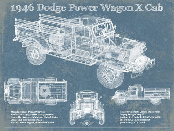 14" x 11" / Unframed Cutler West 1946 Dodge Power Wagon X Cab Vintage Blueprint Auto Print