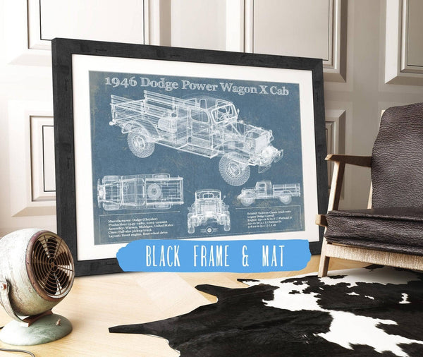 20" x 16" / Black Frame & Mat Cutler West 1946 Dodge Power Wagon X Cab Vintage Blueprint Auto Print