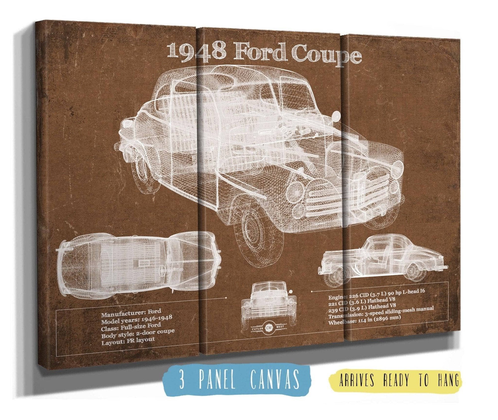 Cutler West Ford Collection 48" x 32" / 3 Panel Canvas Wrap 1948 Ford Coupe Vintage Blueprint Auto Print 235353061