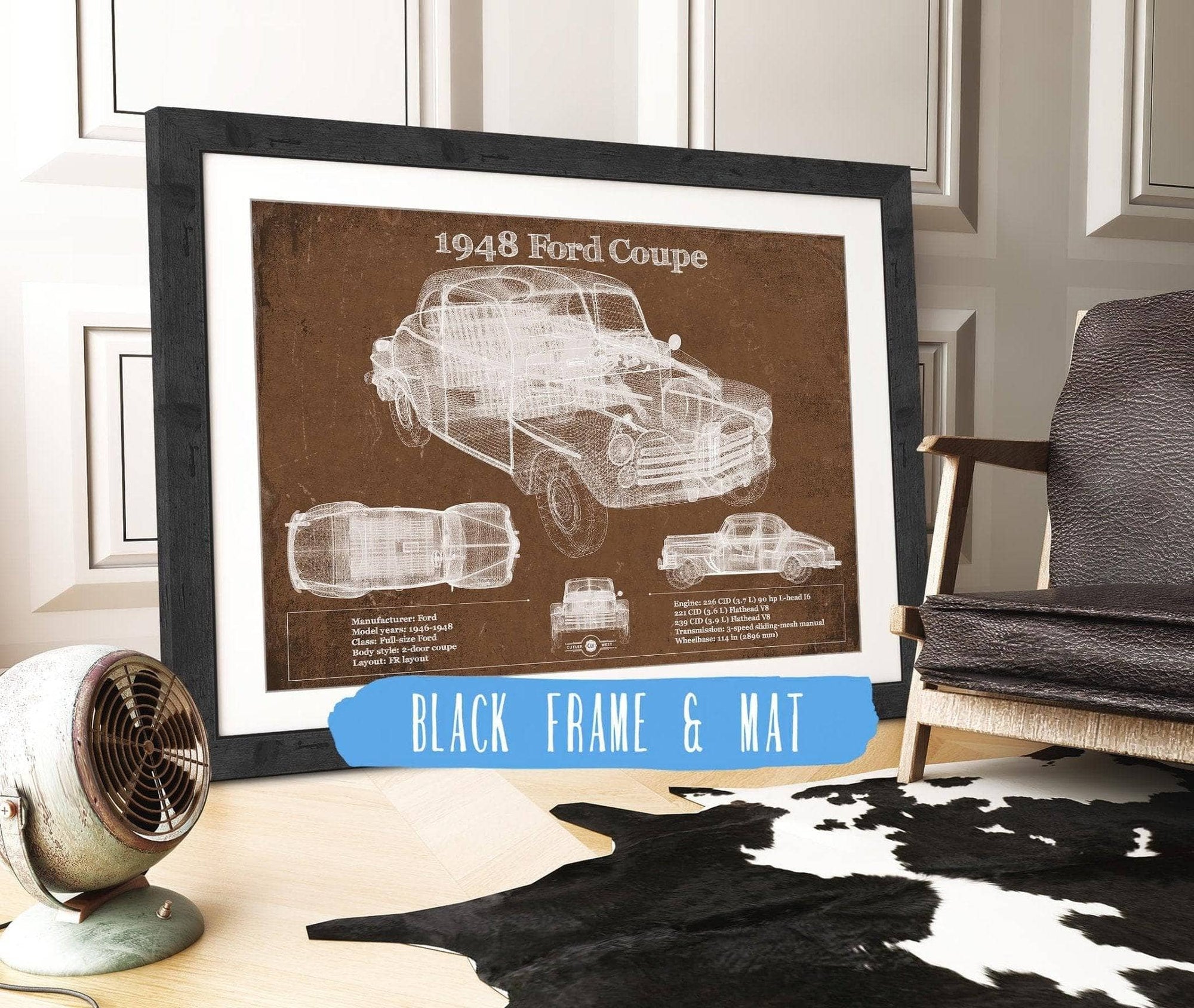 Cutler West Ford Collection 14" x 11" / Black Frame & Mat 1948 Ford Coupe Vintage Blueprint Auto Print 235353061