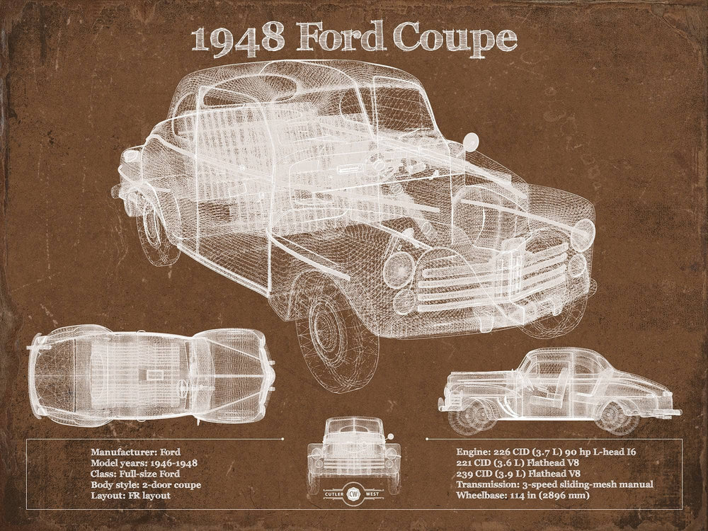 14" x 11" / Stretched Canvas Wrap Cutler West 1948 Ford Coupe Vintage Blueprint Auto Print