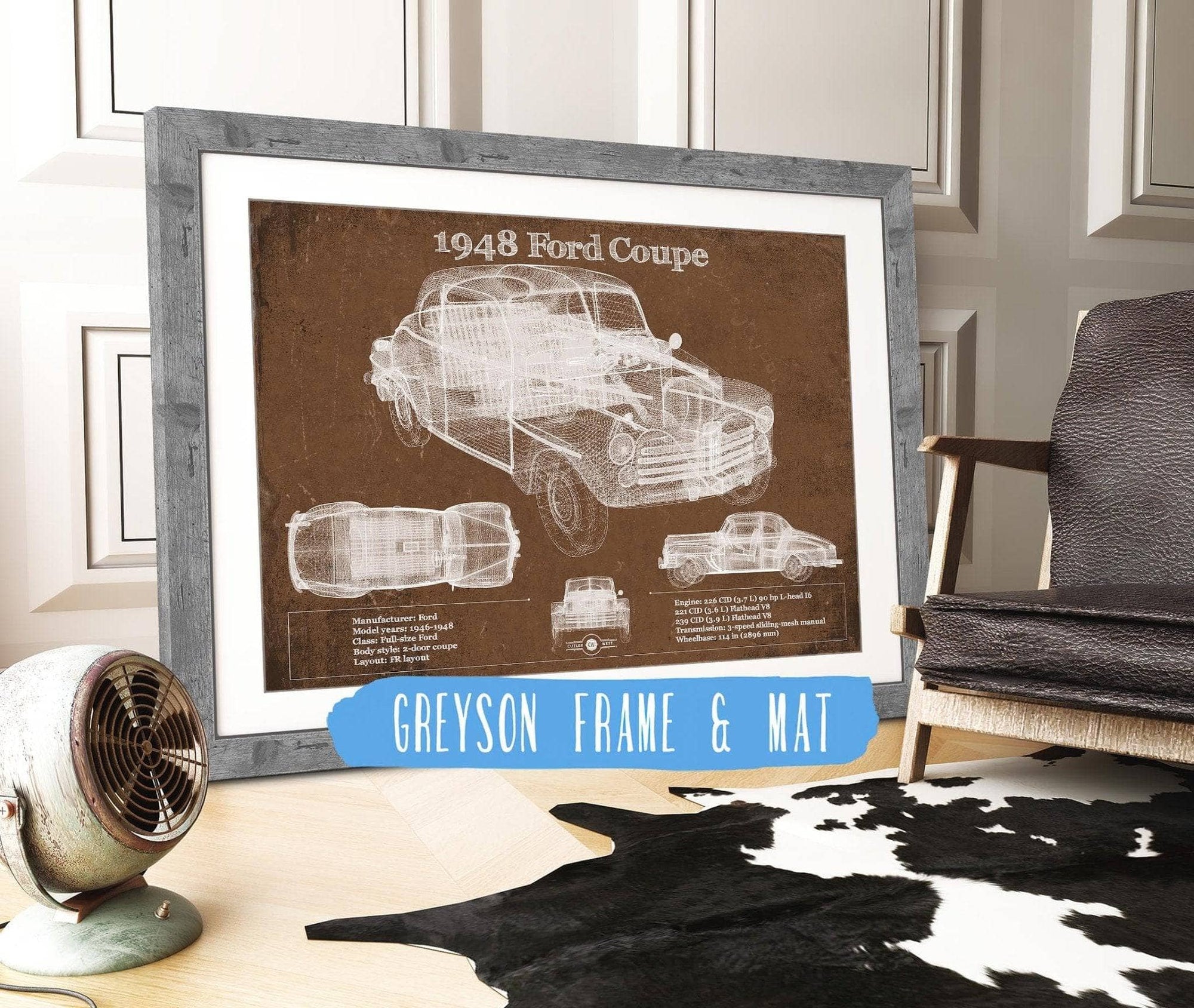 Cutler West Ford Collection 14" x 11" / Greyson Frame & Mat 1948 Ford Coupe Vintage Blueprint Auto Print 235353061