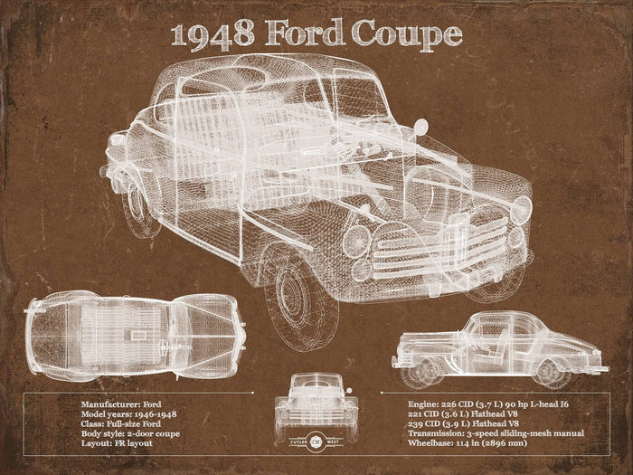 Cutler West Ford Collection 14" x 11" / Unframed 1948 Ford Coupe Vintage Blueprint Auto Print 235353061