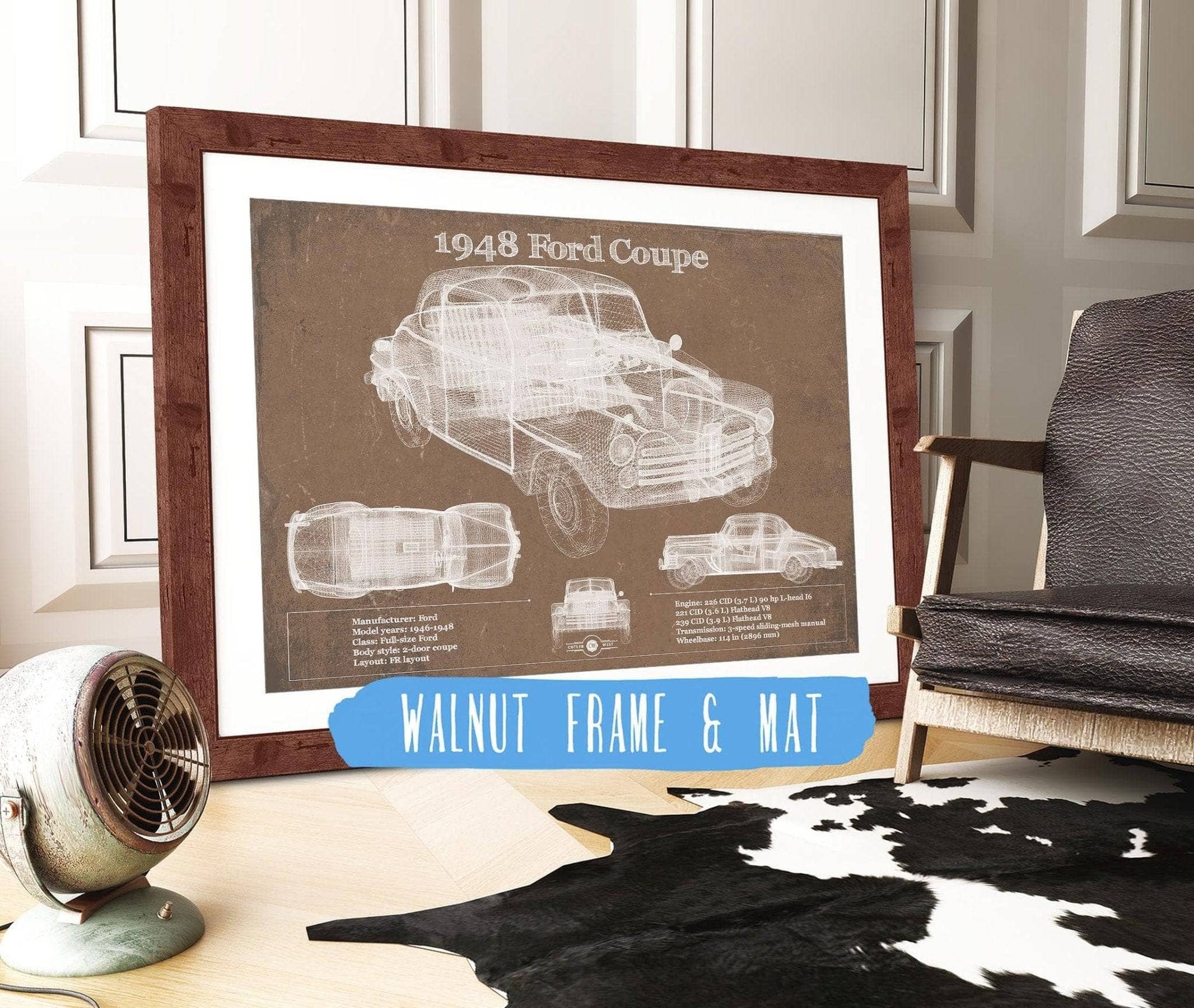 Cutler West Ford Collection 14" x 11" / Walnut Frame & Mat 1948 Ford Coupe Vintage Blueprint Auto Print 235353061