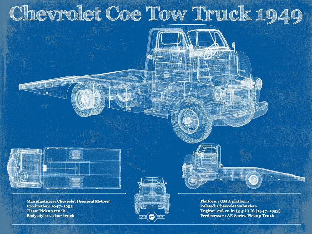14" x 11" / Stretched Canvas Wrap Cutler West 1949 Chevrolet 5100 Coe Tow Vintage Blueprint Auto Print