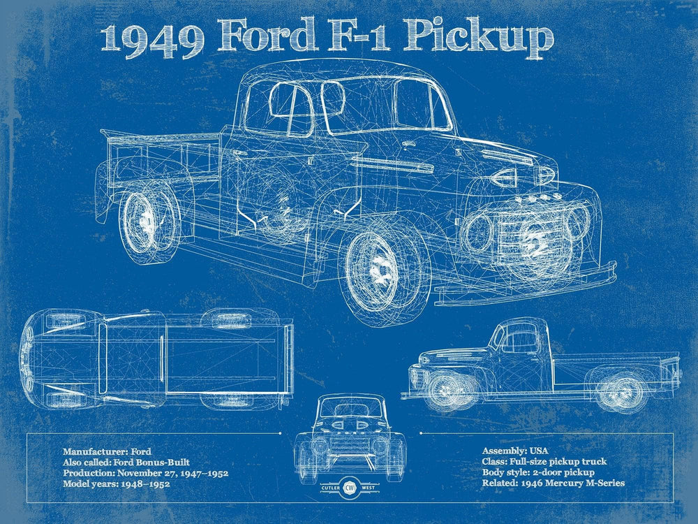 14" x 11" / Stretched Canvas Wrap Cutler West 1949 Ford F-1 Pickup Vintage Blueprint Auto Print
