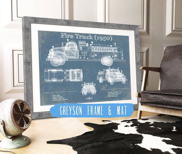14" x 11" / Greyson Frame & Mat Cutler West 1950 Fire Truck Vintage Blueprint Auto Print