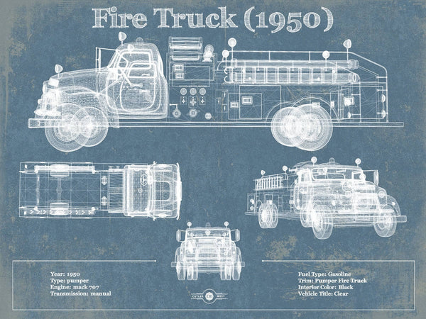 14" x 11" / Unframed Cutler West 1950 Fire Truck Vintage Blueprint Auto Print