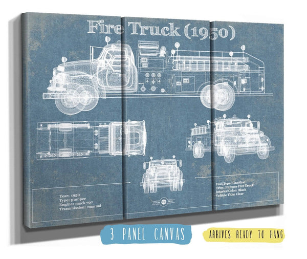 36" x 24" / 3 Panel Canvas Wrap Cutler West 1950 Fire Truck Vintage Blueprint Auto Print