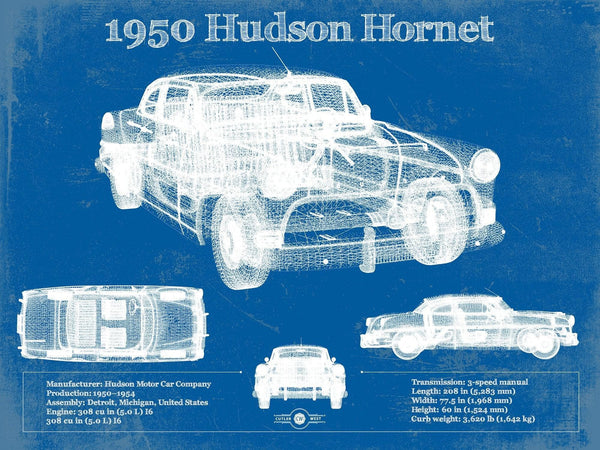 14" x 11" / Unframed Cutler West 1950 Hudson Hornet Vintage Blueprint Auto Print