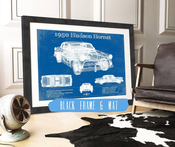 20" x 16" / Black Frame & Mat Cutler West 1950 Hudson Hornet Vintage Blueprint Auto Print