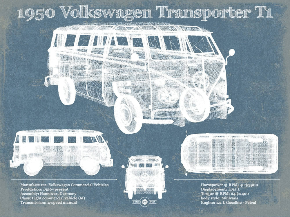 14" x 11" / Stretched Canvas Wrap Cutler West 1950 Volkswagen Transporter T1 Vintage Blueprint Auto Print