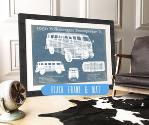 20" x 16" / Black Frame & Mat Cutler West 1950 Volkswagen Transporter T1 Vintage Blueprint Auto Print