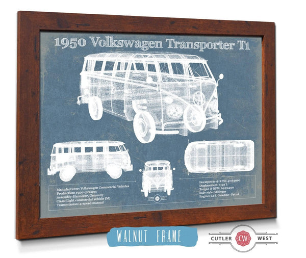 20" x 16" / Walnut Frame Cutler West 1950 Volkswagen Transporter T1 Vintage Blueprint Auto Print