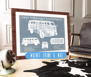 20" x 16" / Walnut Frame & Mat Cutler West 1950 Volkswagen Transporter T1 Vintage Blueprint Auto Print
